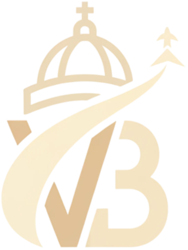 Logo oficial Visit Buga: letras VB, corona de basílica y avión ascendiendo. Portal de turismo y reservas.
